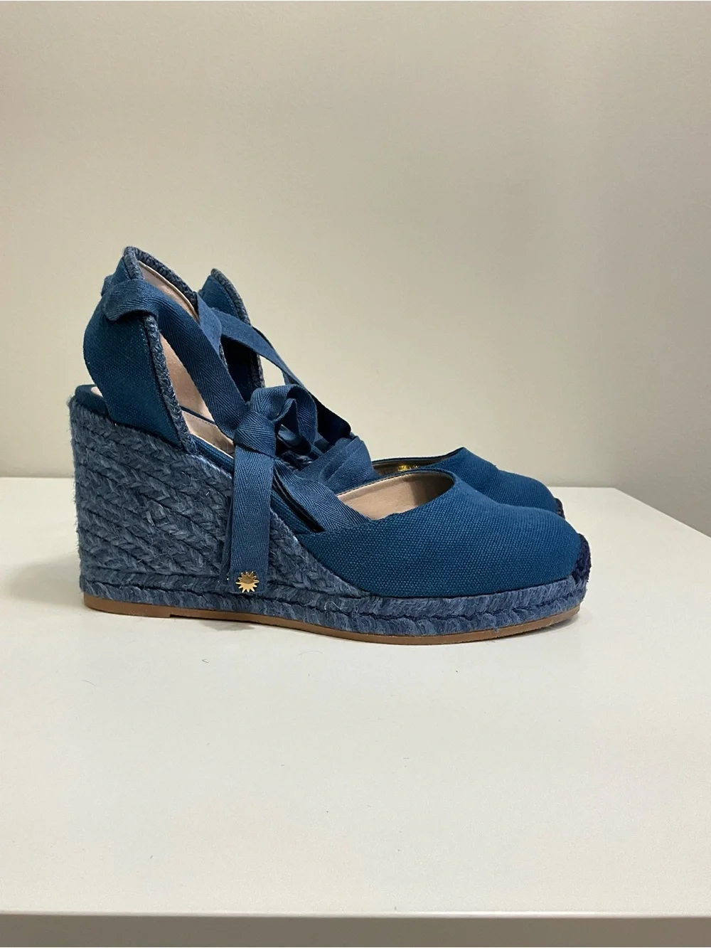 STUART WEITZMAN Marguerita Navy Canvas Espadrille Wedge Ankle Tie Sandals 8 - Picture 3 of 8